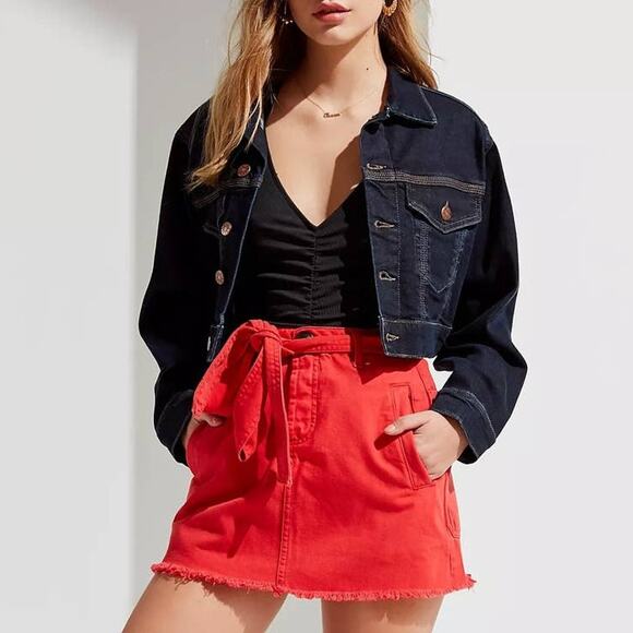 BDG Urban Outfitters Twill Frayed Mini Skirt Tie Waist Denim Fringe Raw Hem - Picture 1 of 12